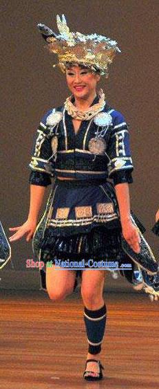 Chinese Wind Of Colorful Guizhou Miao Nationality Ethnic Dance Navy Dress Stage Performance Costume and Headpiece for Women