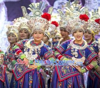 Chinese Wind Of Colorful Guizhou Miao Nationality Ethnic Dance Royalblue Dress Stage Performance Costume and Headpiece for Women