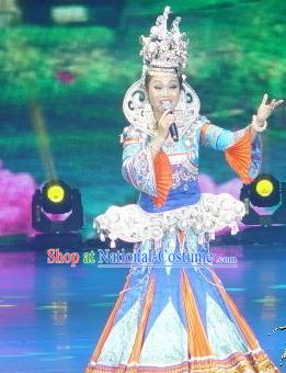 Chinese Wind Of Colorful Guizhou Dong Nationality Ethnic Dance Dress Stage Performance Costume and Headpiece for Women