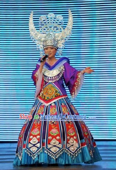 Chinese Wind Of Colorful Guizhou Miao Nationality Ethnic Dance Purple Dress Stage Performance Costume and Headpiece for Women