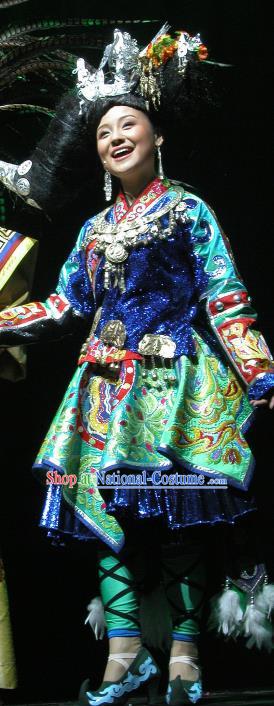 Chinese Wind Of Colorful Guizhou Miao Nationality Ethnic Dance Blue Dress Stage Performance Costume and Headpiece for Women