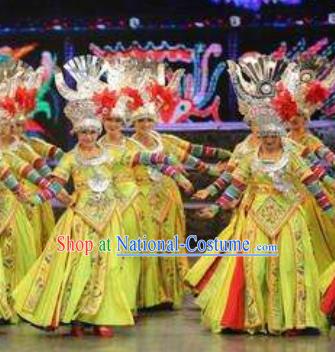 Chinese Wind Of Colorful Guizhou Miao Nationality Ethnic Dance Yellow Dress Stage Performance Costume and Headpiece for Women