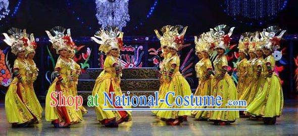 Chinese Wind Of Colorful Guizhou Miao Nationality Ethnic Dance Yellow Dress Stage Performance Costume and Headpiece for Women