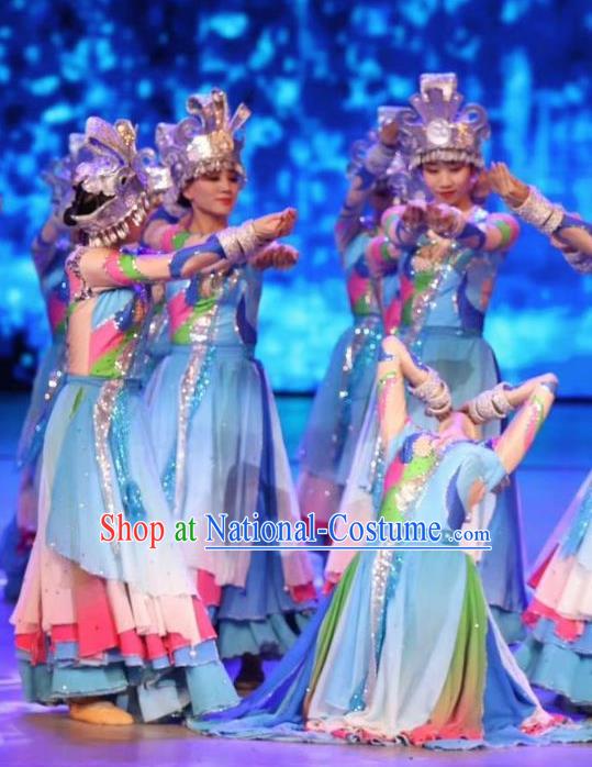 Chinese Wind Of Colorful Guizhou Miao Nationality Ethnic Dance Blue Dress Stage Performance Costume and Headpiece for Women