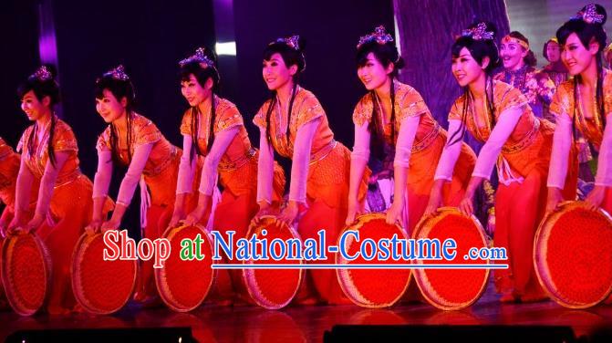 Chinese The Moon Rising On The Helan Mountain Hui Nationality Ethnic Dance Dress Stage Performance Costume and Headpiece for Women