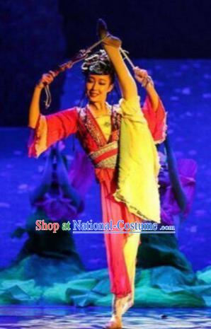 Chinese The Moon Rising On The Helan Mountain Classical Dance Rosy Dress Stage Performance Costume and Headpiece for Women