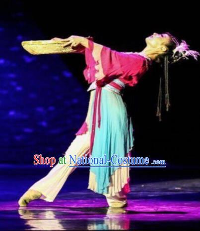 Chinese The Moon Rising On The Helan Mountain Classical Dance Rosy Dress Stage Performance Costume and Headpiece for Women