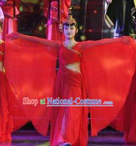 Chinese Han Wind Float In The Sky Classical Dance Red Dress Stage Performance Costume and Headpiece for Women