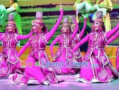 Chinese Saihan Tara Mongol Nationality Dance Purple Dress Stage Performance Costume and Headpiece for Women