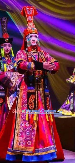 Chinese Saihan Tara Mongol Nationality Dance Wedding Dress Stage Performance Costume and Headpiece for Women