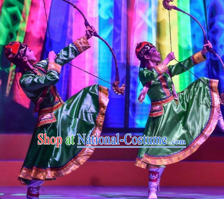 Chinese Saihan Tara Mongol Nationality Dance Green Dress Stage Performance Costume and Headpiece for Women