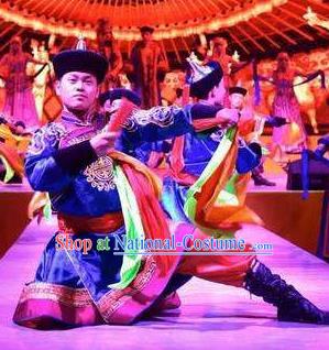 Chinese Saihan Tara Mongol Nationality Blue Clothing Stage Performance Dance Costume for Men