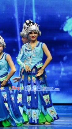 Chinese Wind Of Colorful Guizhou Miao Nationality Dance Blue Dress Stage Performance Costume and Headpiece for Women