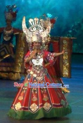 Chinese Wind Of Colorful Guizhou Miao Nationality Dance Red Dress Stage Performance Costume and Headpiece for Women