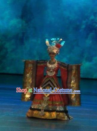 Chinese Wind Of Colorful Guizhou Miao Nationality Dance Dress Stage Performance Costume and Headpiece for Women