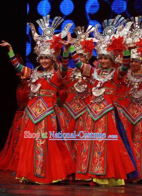 Chinese Wind Of Colorful Guizhou Miao Nationality Ethnic Dance Red Dress Stage Performance Costume and Headpiece for Women