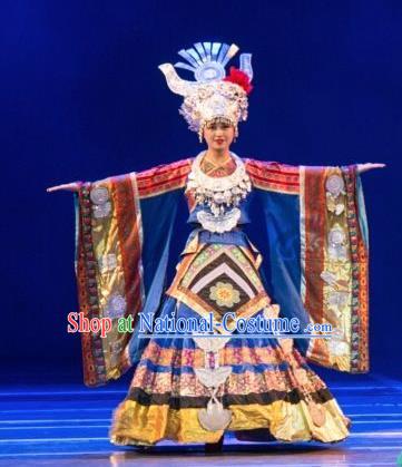 Chinese Wind Of Colorful Guizhou Miao Nationality Ethnic Dance Blue Dress Stage Performance Costume and Headpiece for Women