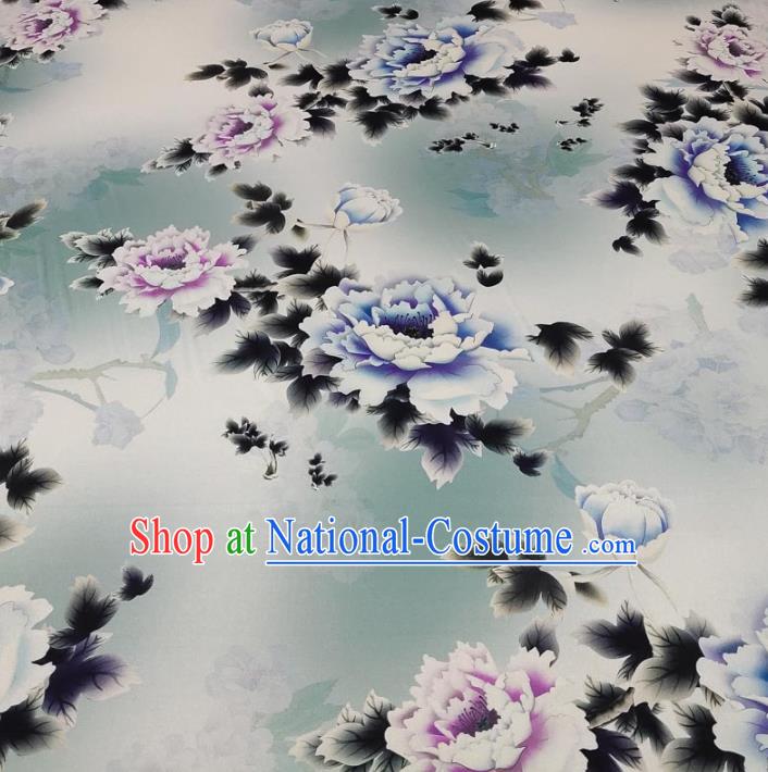 Traditional Chinese Classical Peony Pattern Light Blue Gambiered Guangdong Gauze Silk Fabric Ancient Hanfu Dress Silk Cloth