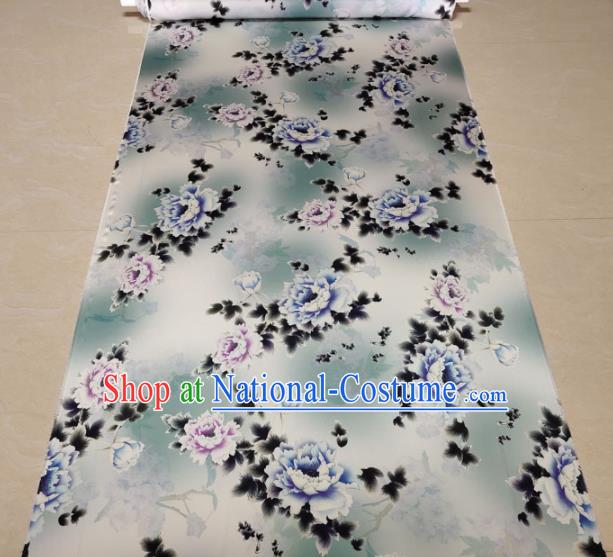 Traditional Chinese Classical Peony Pattern Light Blue Gambiered Guangdong Gauze Silk Fabric Ancient Hanfu Dress Silk Cloth