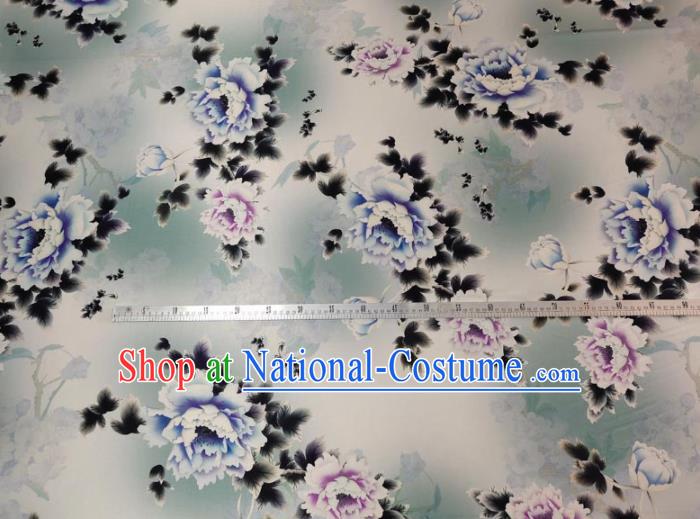 Traditional Chinese Classical Peony Pattern Light Blue Gambiered Guangdong Gauze Silk Fabric Ancient Hanfu Dress Silk Cloth