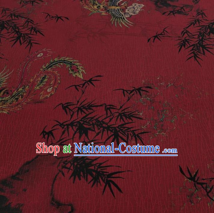 Traditional Chinese Classical Bamboo Phoenix Pattern Dark Red Gambiered Guangdong Gauze Silk Fabric Ancient Hanfu Dress Silk Cloth