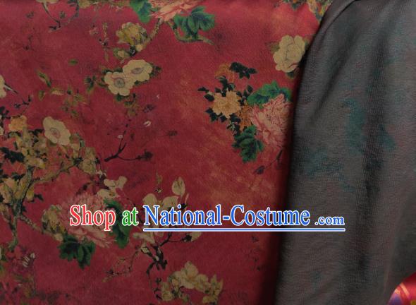 Traditional Chinese Classical Peony Plum Pattern Dark Red Gambiered Guangdong Gauze Silk Fabric Ancient Hanfu Dress Silk Cloth