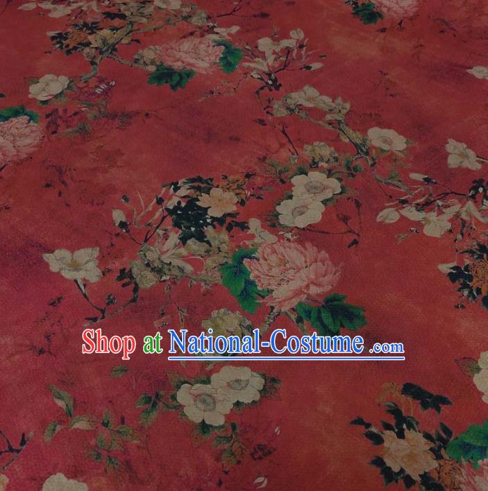 Traditional Chinese Classical Peony Plum Pattern Dark Red Gambiered Guangdong Gauze Silk Fabric Ancient Hanfu Dress Silk Cloth