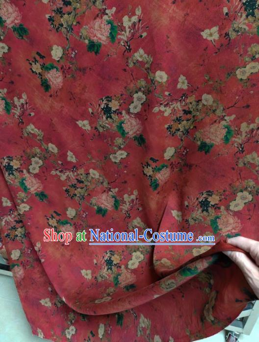 Traditional Chinese Classical Peony Plum Pattern Dark Red Gambiered Guangdong Gauze Silk Fabric Ancient Hanfu Dress Silk Cloth