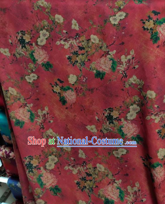 Traditional Chinese Classical Peony Plum Pattern Dark Red Gambiered Guangdong Gauze Silk Fabric Ancient Hanfu Dress Silk Cloth