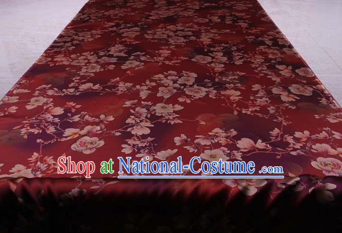 Traditional Chinese Classical Magnolia Pattern Dark Red Gambiered Guangdong Gauze Silk Fabric Ancient Hanfu Dress Silk Cloth