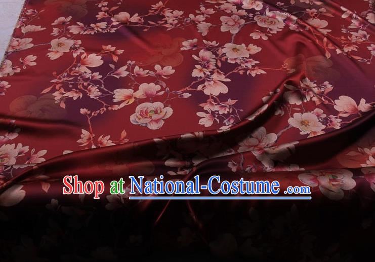 Traditional Chinese Classical Magnolia Pattern Dark Red Gambiered Guangdong Gauze Silk Fabric Ancient Hanfu Dress Silk Cloth