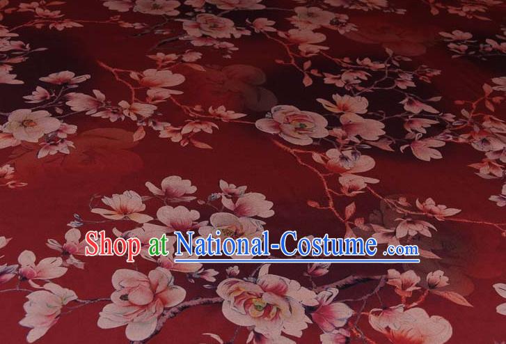 Traditional Chinese Classical Magnolia Pattern Dark Red Gambiered Guangdong Gauze Silk Fabric Ancient Hanfu Dress Silk Cloth