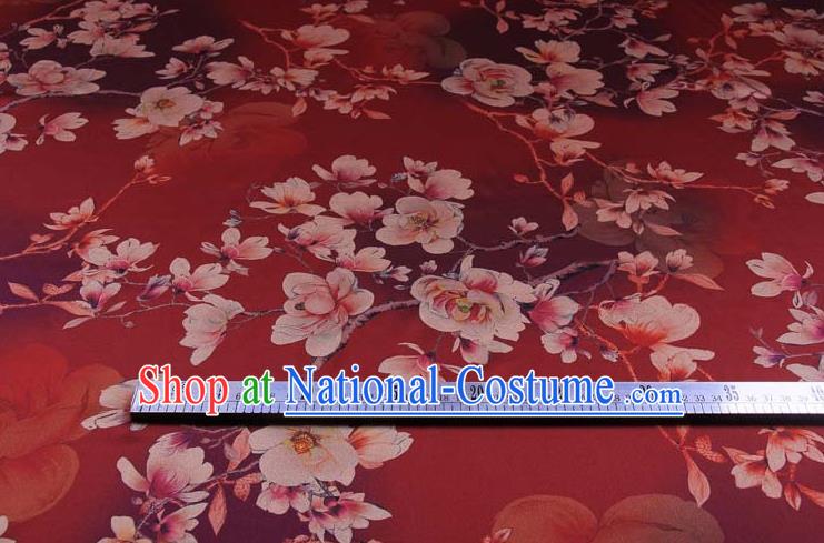 Traditional Chinese Classical Magnolia Pattern Dark Red Gambiered Guangdong Gauze Silk Fabric Ancient Hanfu Dress Silk Cloth