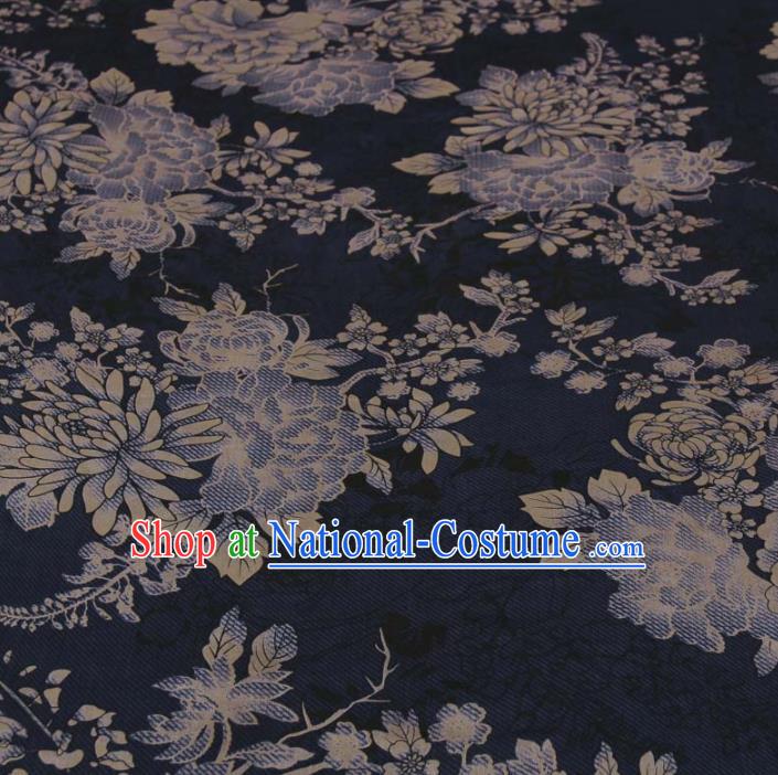 Traditional Chinese Classical Chrysanthemum Peony Pattern Navy Gambiered Guangdong Gauze Silk Fabric Ancient Hanfu Dress Silk Cloth