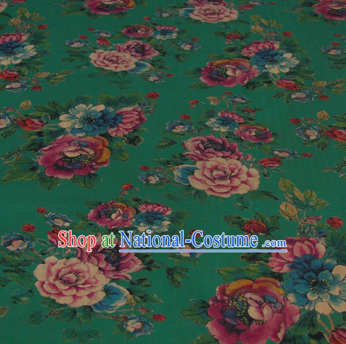 Traditional Chinese Classical Peony Pattern Deep Green Gambiered Guangdong Gauze Silk Fabric Ancient Hanfu Dress Silk Cloth