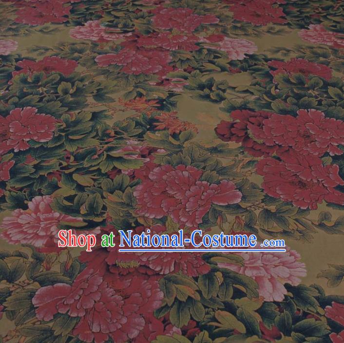 Traditional Chinese Classical Peony Pattern Olive Green Gambiered Guangdong Gauze Silk Fabric Ancient Hanfu Dress Silk Cloth