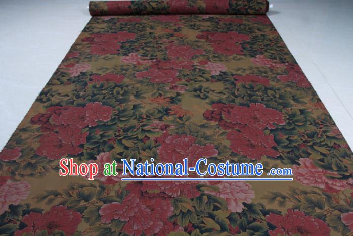 Traditional Chinese Classical Peony Pattern Olive Green Gambiered Guangdong Gauze Silk Fabric Ancient Hanfu Dress Silk Cloth