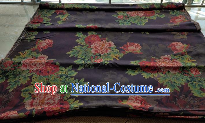 Traditional Chinese Classical Peony Pattern Black Gambiered Guangdong Gauze Silk Fabric Ancient Hanfu Dress Silk Cloth