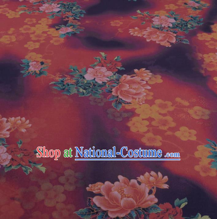 Traditional Chinese Classical Peony Plum Pattern Dark Red Gambiered Guangdong Gauze Silk Fabric Ancient Hanfu Dress Silk Cloth