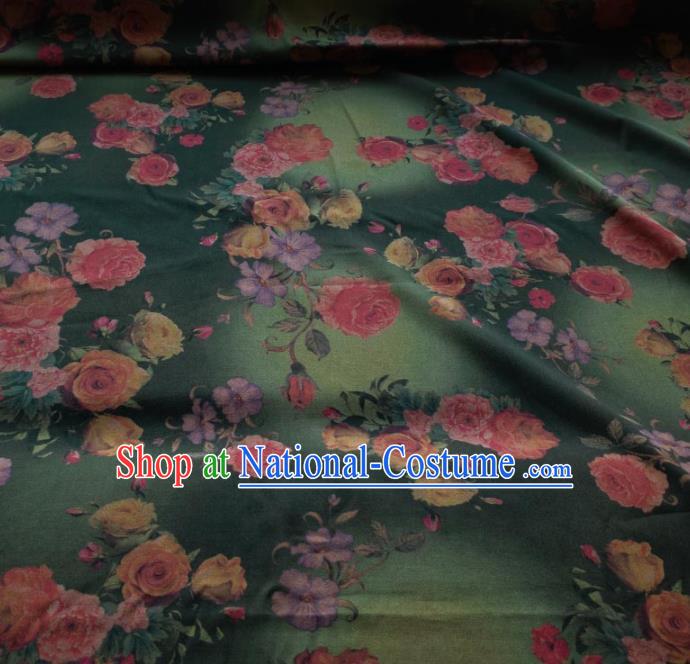 Traditional Chinese Classical Roses Pattern Green Gambiered Guangdong Gauze Silk Fabric Ancient Hanfu Dress Silk Cloth