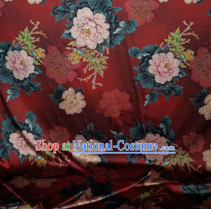 Traditional Chinese Classical Peony Pattern Purplish Red Gambiered Guangdong Gauze Silk Fabric Ancient Hanfu Dress Silk Cloth