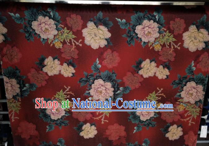 Traditional Chinese Classical Peony Pattern Purplish Red Gambiered Guangdong Gauze Silk Fabric Ancient Hanfu Dress Silk Cloth