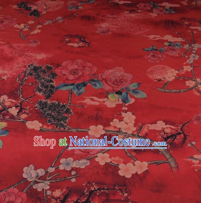 Traditional Chinese Classical Plum Peony Pattern Red Gambiered Guangdong Gauze Silk Fabric Ancient Hanfu Dress Silk Cloth