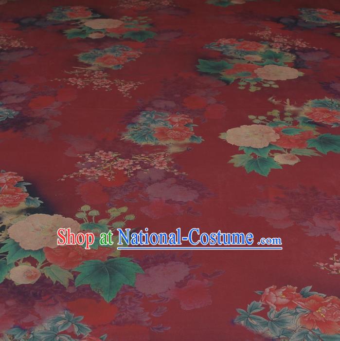 Traditional Chinese Classical Peony Pattern Wine Red Gambiered Guangdong Gauze Silk Fabric Ancient Hanfu Dress Silk Cloth