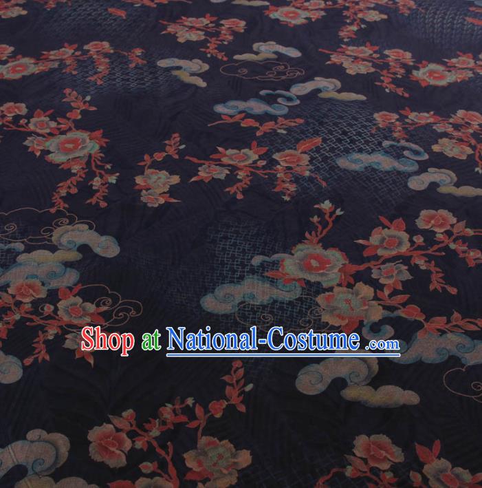 Traditional Chinese Classical Cloud Plum Pattern Navy Gambiered Guangdong Gauze Silk Fabric Ancient Hanfu Dress Silk Cloth