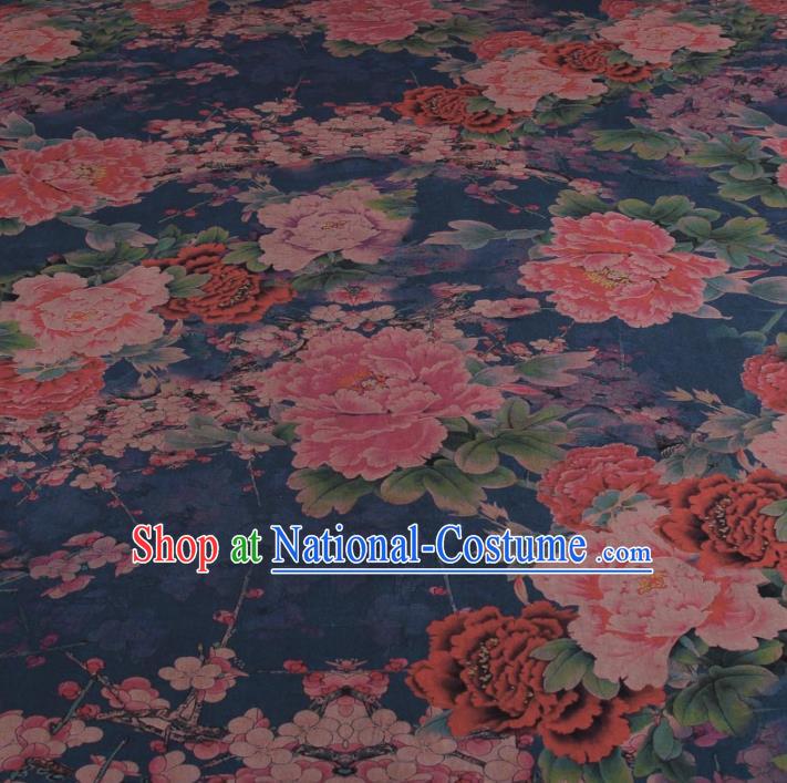 Traditional Chinese Classical Peony Plum Pattern Navy Gambiered Guangdong Gauze Silk Fabric Ancient Hanfu Dress Silk Cloth