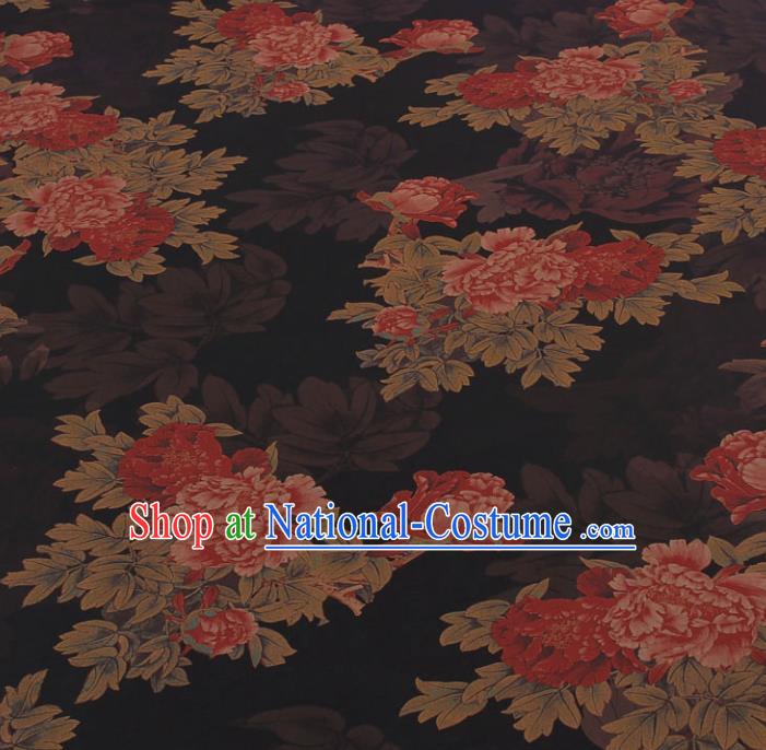 Traditional Chinese Classical Peony Pattern Black Gambiered Guangdong Gauze Silk Fabric Ancient Hanfu Dress Silk Cloth