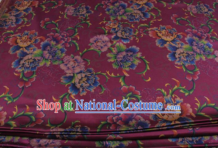 Traditional Chinese Classical Peony Pattern Deep Purple Gambiered Guangdong Gauze Silk Fabric Ancient Hanfu Dress Silk Cloth