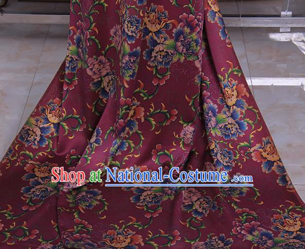 Traditional Chinese Classical Peony Pattern Deep Purple Gambiered Guangdong Gauze Silk Fabric Ancient Hanfu Dress Silk Cloth