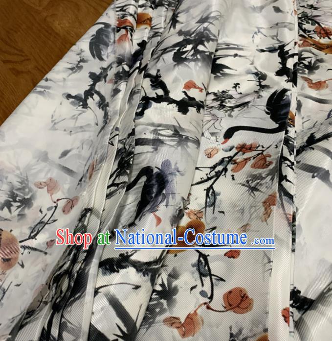 Chinese Classical Ink Painting Swan Pattern White Silk Fabric Traditional Ancient Hanfu Dress Brocade Cloth